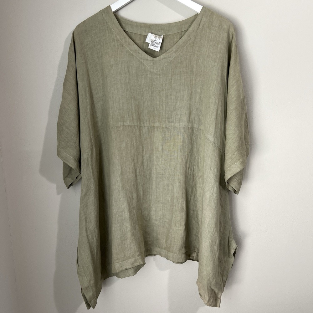Match Point USA Tunic Womens Medium Green 100% Linen Oversized Top Sharkbite Hem